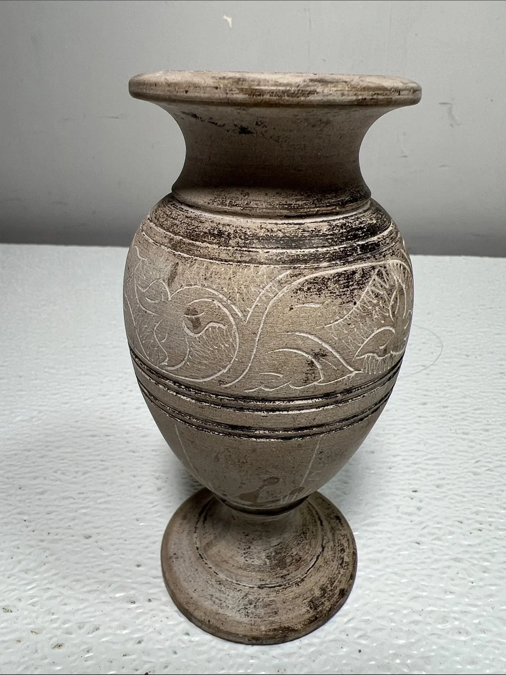 Vintage Decorative Carved Clay Pedestal Vase - Artist Signed